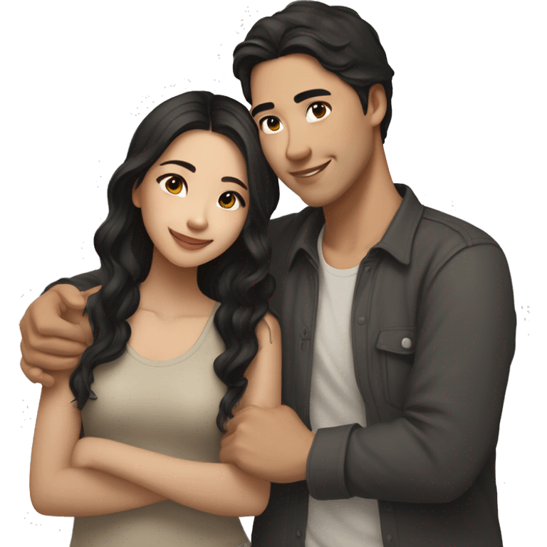 A half pale Asian man with short dark hair and amber eyes embracing and loving a half Asian woman with long wavy dark hair and dark hazel eyes. They love each other a lot And have good fashion taste. And are having a lot of fun emoji