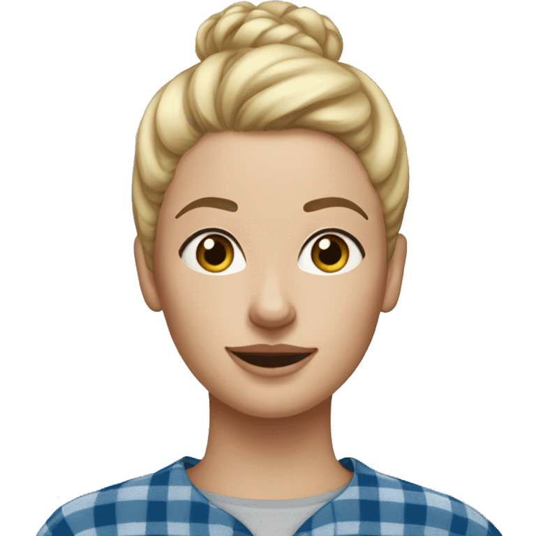 Blonde woman with freckles, blonde hair in a high bun, blue flannel, and gap in her tee emoji