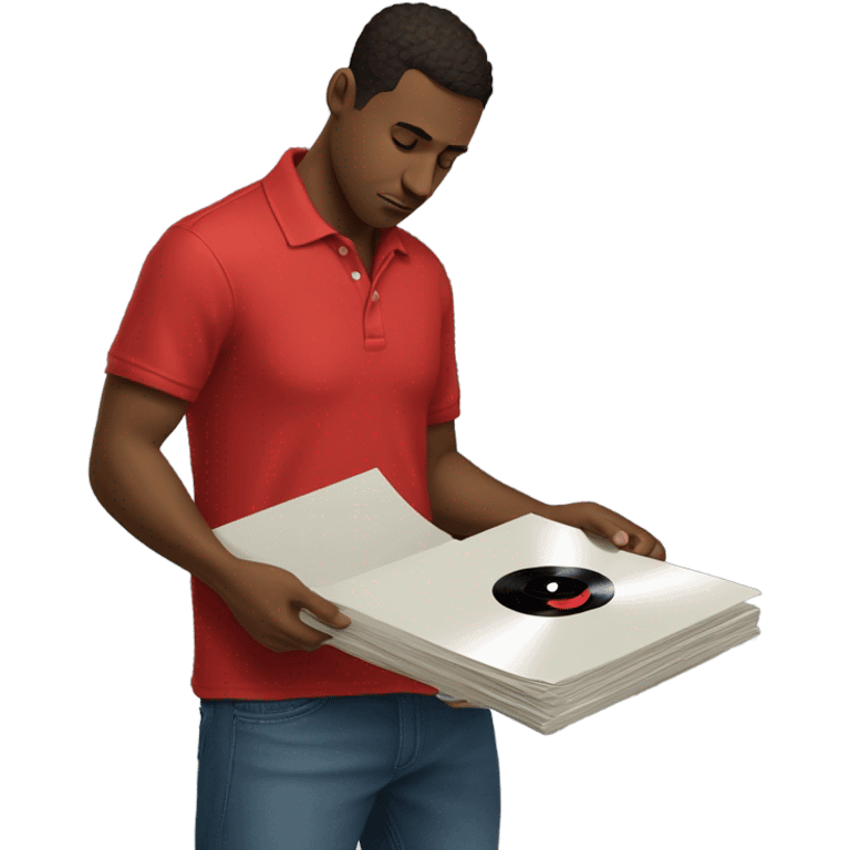 brunette man wearing red polo and baggy jeans looking at records emoji