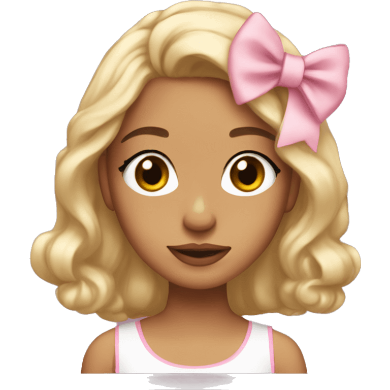 Coquette light skin brown straight medium lengh hair brown eyes with light pink  bow in her hair emoji