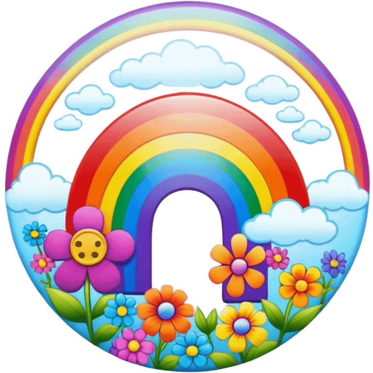 A round psychedelic colored button with a bezeled rainbow and colored hippie style flowers emoji