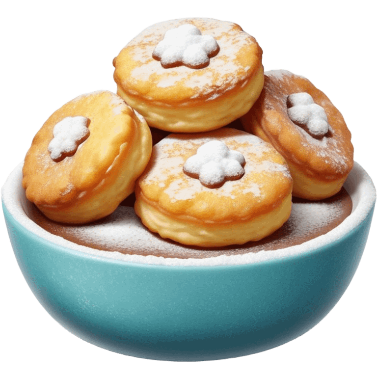 Buñuelo Cinematic Realistic Buñuelo Dessert Emoji, depicted as perfectly round, fluffy fritters served in a small bowl with a dusting of powdered sugar, rendered with vibrant textures and warm, inviting lighting. emoji