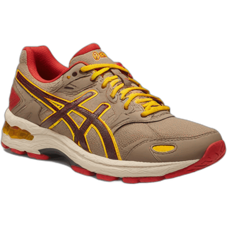 light brown asics gel nyc with small yellow and red accents emoji