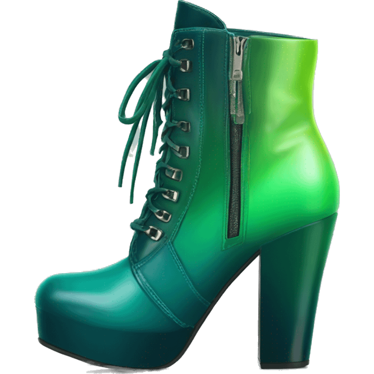 Realistic isolated top front view of a pair of dark teal,lime green,mint green and emerald green ombre high heel ankle bootie boots. emoji