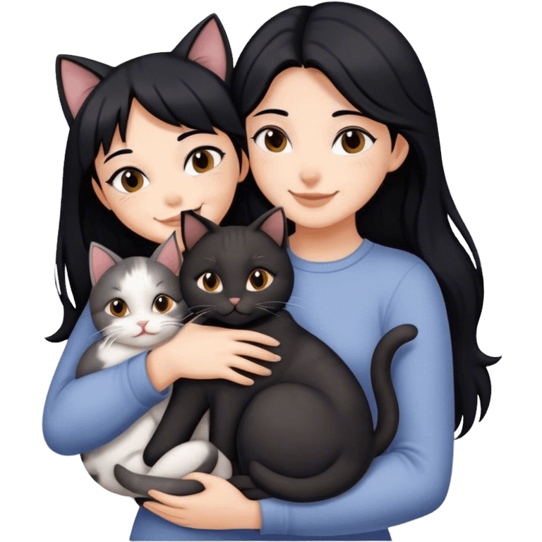 happy girl with black hair hugging three cats  (black cat, gray cat, brown calico cat) emoji