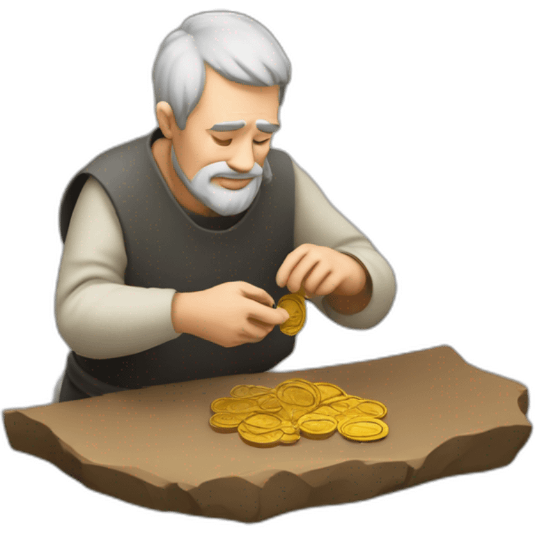 old and experienced coin engraver yielding a coin, medieval age emoji