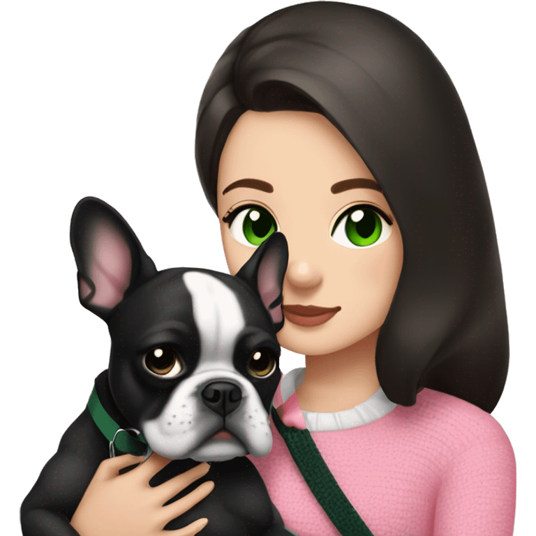 Brunette with dark green eyes in black sweater cuddling with her black and white french bulldog and pink harness emoji