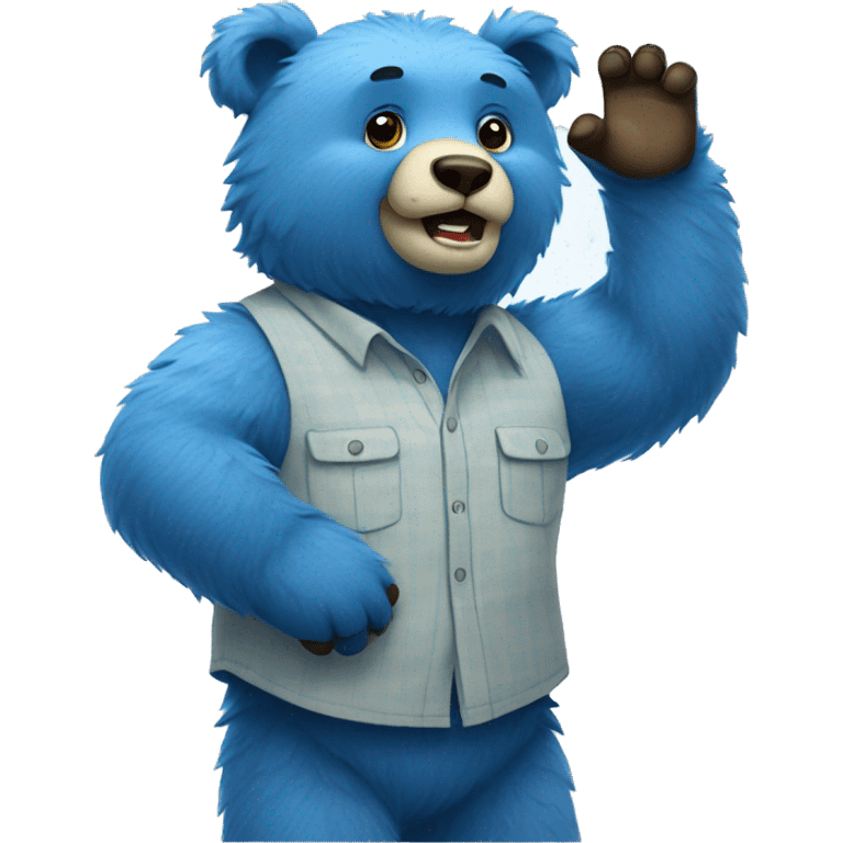 Blue fuzzy bear wearing a button up shirt waving  emoji