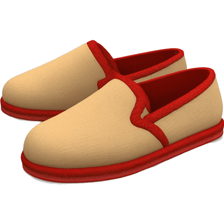 Camel colored slip-on slippers. That has a Very thin red woven zig-zag trim on the cuff and a red small heel pull tab, and a  very thick camel colored platform sole. emoji