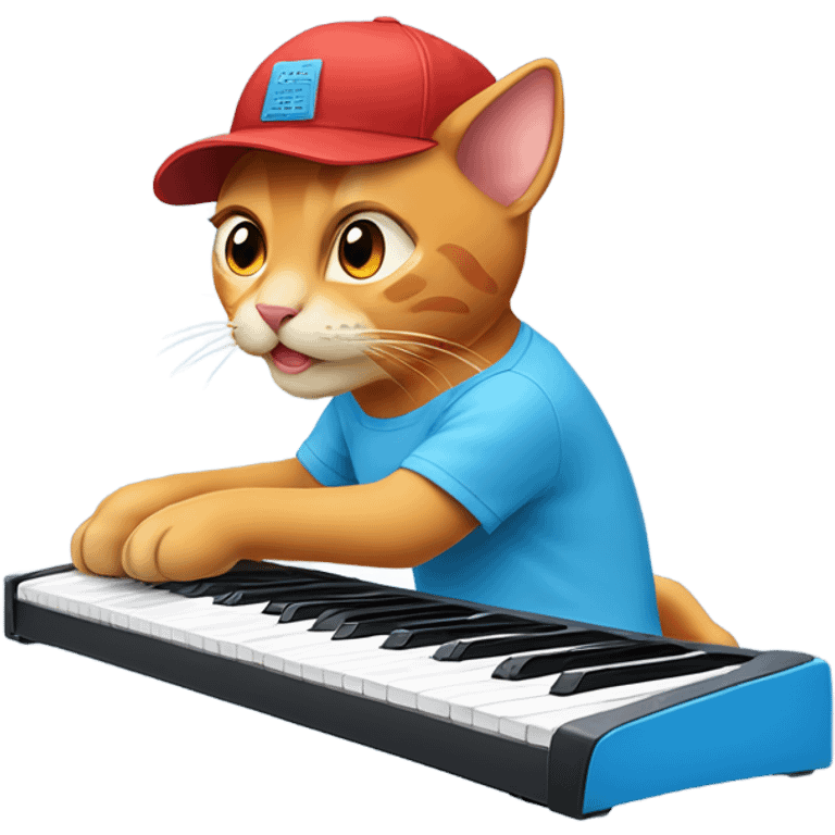 tan-red cat wearing a light-blue t-shirt and a blue base cap taps musical keyboard emoji