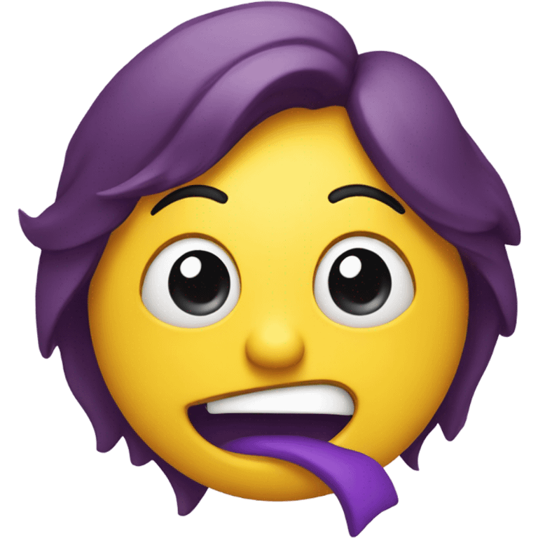 yellow emoji that mixes a shrug with a tehe face. it is wearing a purple shirt emoji