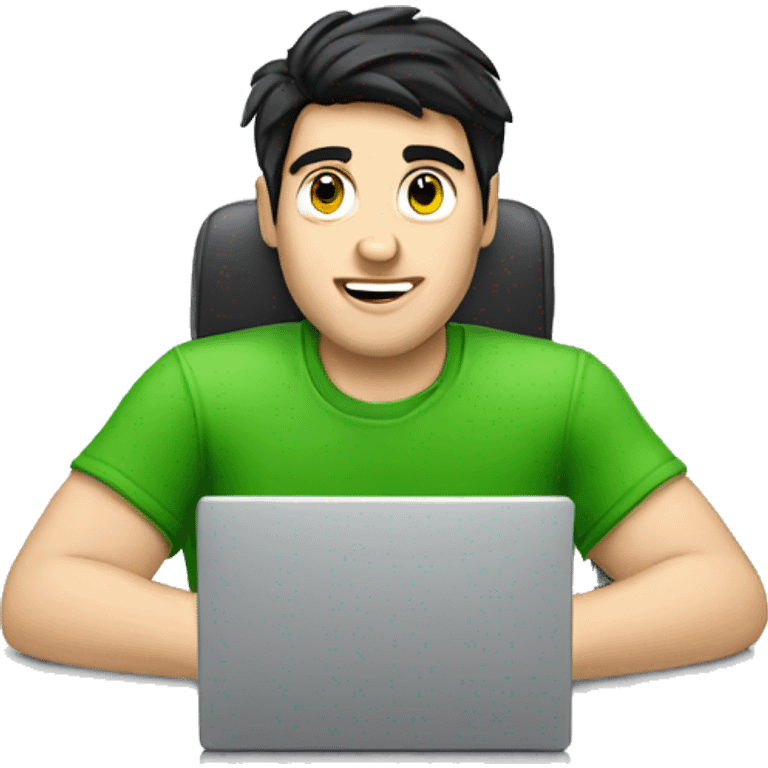 white guy with black hair typing in laptop wearing green t-shirt working in call center emoji