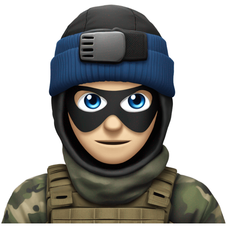 White male, call of duty black mask, camo tactical gear, combat boots, black beanie, blue eyes emoji