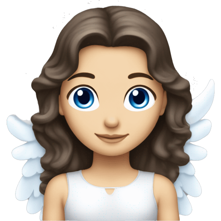 Caucasian brunette angel with long hair, dimples, big blue eyes, halo and wings emoji