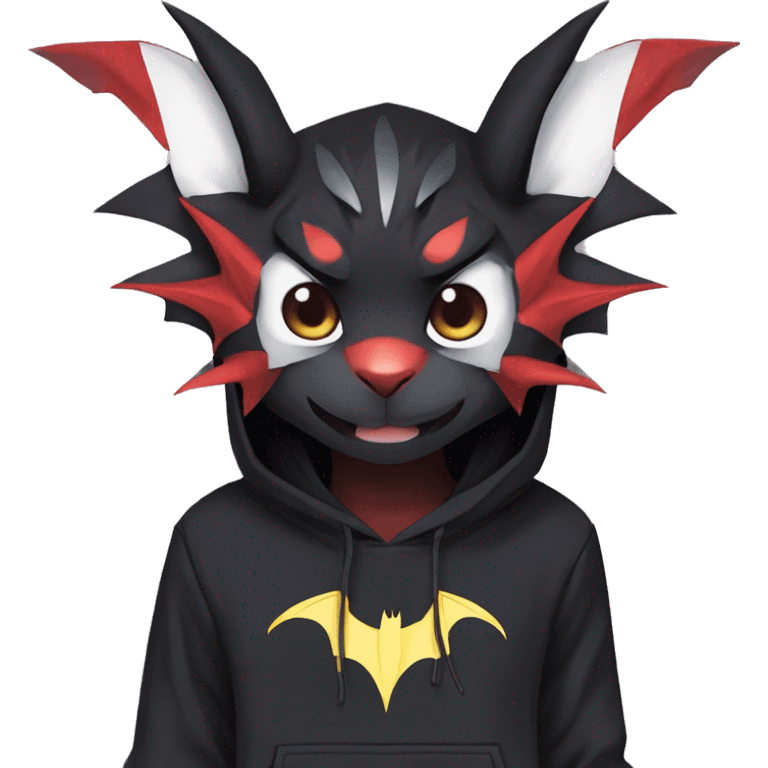 Dark Black Unique Anthro Cool Kawaii Horned Bat-Winged Nargacuga-Noivern-Zangoose-Litten-Feline-Pokémon with edgy stripes Punk Hoodie emoji