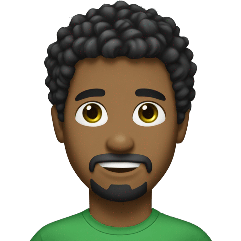 Male with curly black medium length hair and bangs. He wears a black t-shirt and has green eyes. he has a little goatee emoji