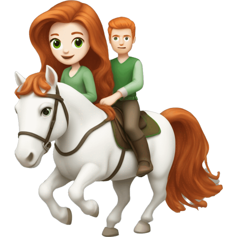 Redhead (ginger) girl, long blowout hair, green eyes and pale skin riding a white horse emoji