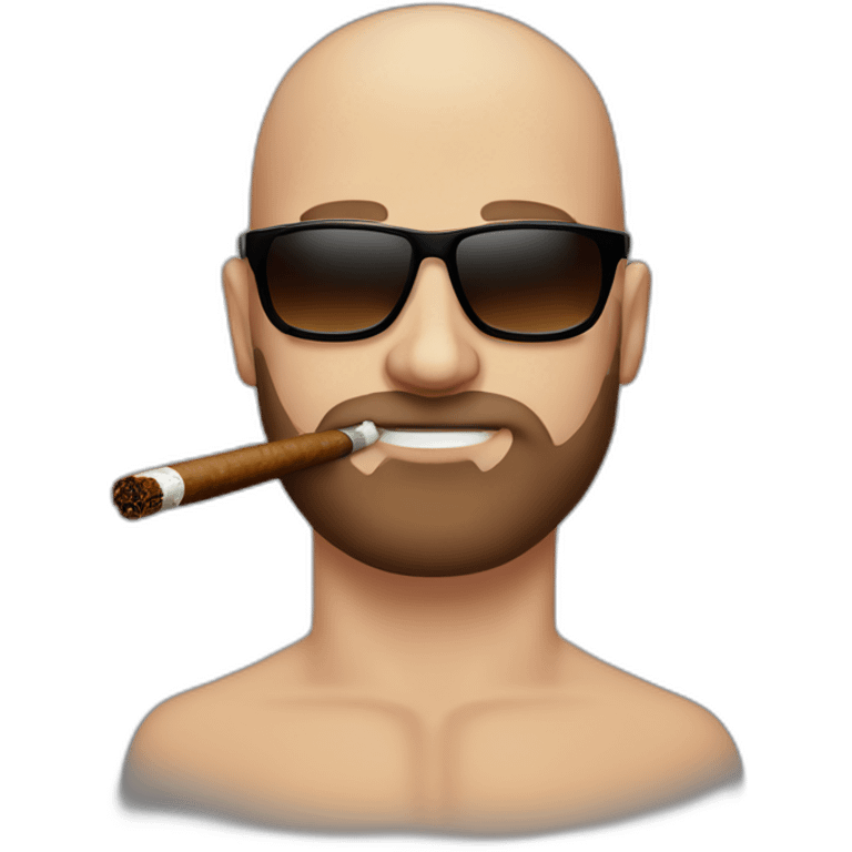 Andrew Tate, bald, brown beard, sunglasses, muscular, smoking a tobacco cigar, Andrew Tate's appearance is serious emoji