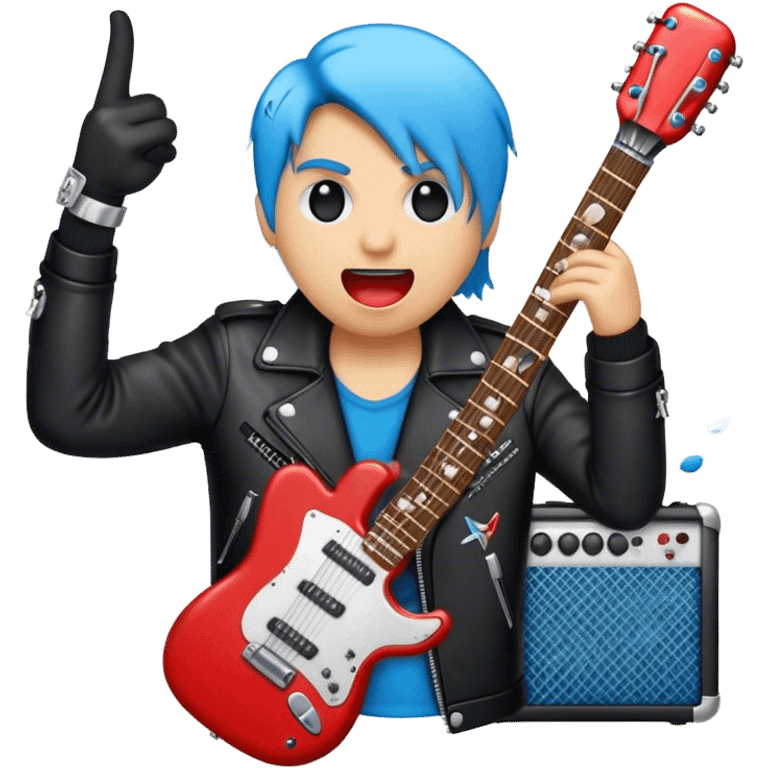 Create a bold and energetic emoji representing rock vocal performance, using a humanless collage. The design should feature a classic vintage microphone as the central element, surrounded by electric guitars, amplifiers, and musical notes that suggest the powerful sound of rock music. Add elements like a leather jacket, electric sparks, and soundwaves to evoke the raw energy and rebellious spirit of rock. Use strong, dynamic colors like black, red, silver, and electric blue to reflect the intensity of rock music. The background should be transparent. emoji