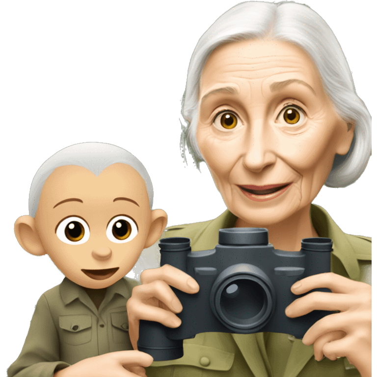 Jane Goodall with binoculars and a baby chimpanzee emoji