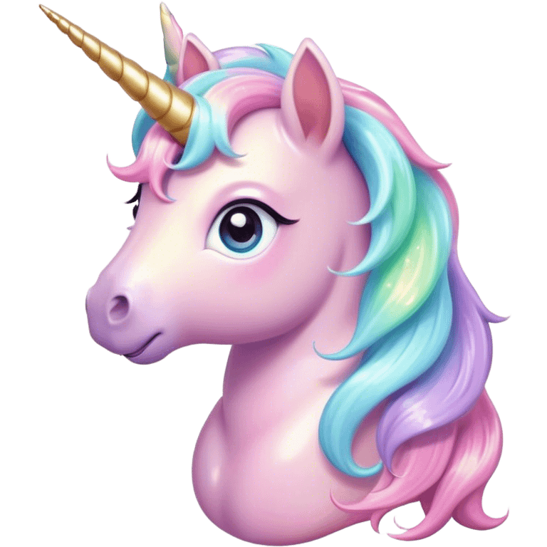 Cinematic pastel-colored unicorn, flowing iridescent mane, big sparkling eyes, tiny rounded hooves, soft chubby cheeks, delicate magical glow surrounding, enchanting and dreamy. emoji