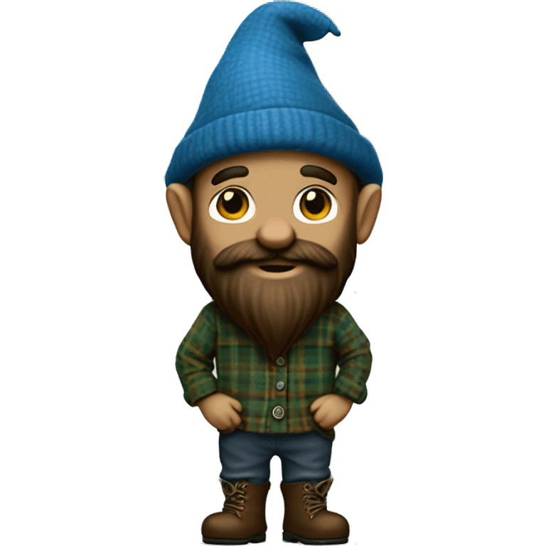 Full body gnome, dark beard, brown eyes, young, with a blue woolen hat, brown boots and a green plaid shirt. The body should be cartoonish and not realistic. emoji