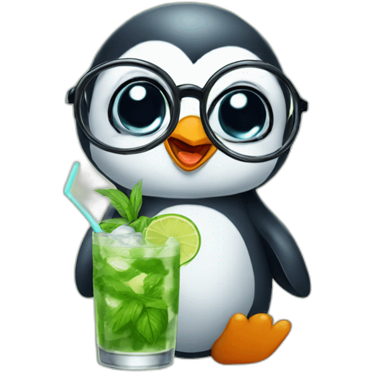 baby penguin with big glasses drinking mojito emoji