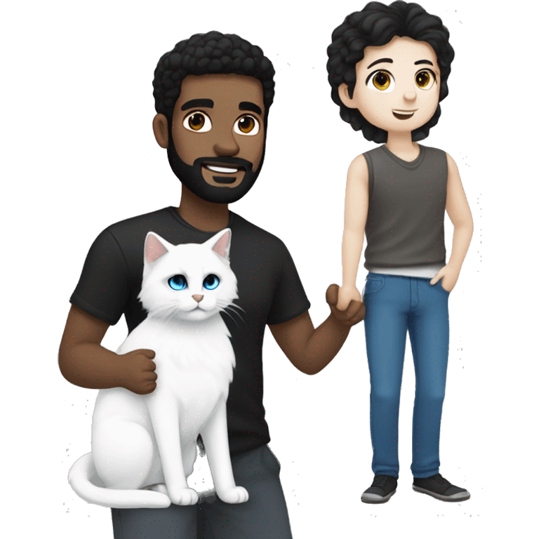 A guy with a black earing and black short hair and black beard and holding a all white Siberian cat with blue eyes  emoji