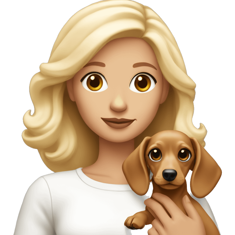 Blonde woman with tan skin in white long sleeve holding a light blonde dachshund puppy  emoji