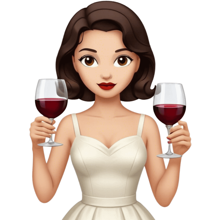 Beautiful woman in 1950’s woman fashion look, white dress, long hair, wine, dark brown hair emoji