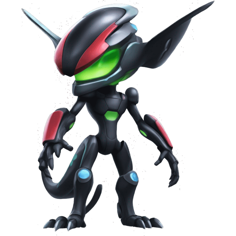 a shiny black Genesect-Flygon-Raptor-Fakémon-Medabot-hybrid with a futuristic visor-helmet full body emoji