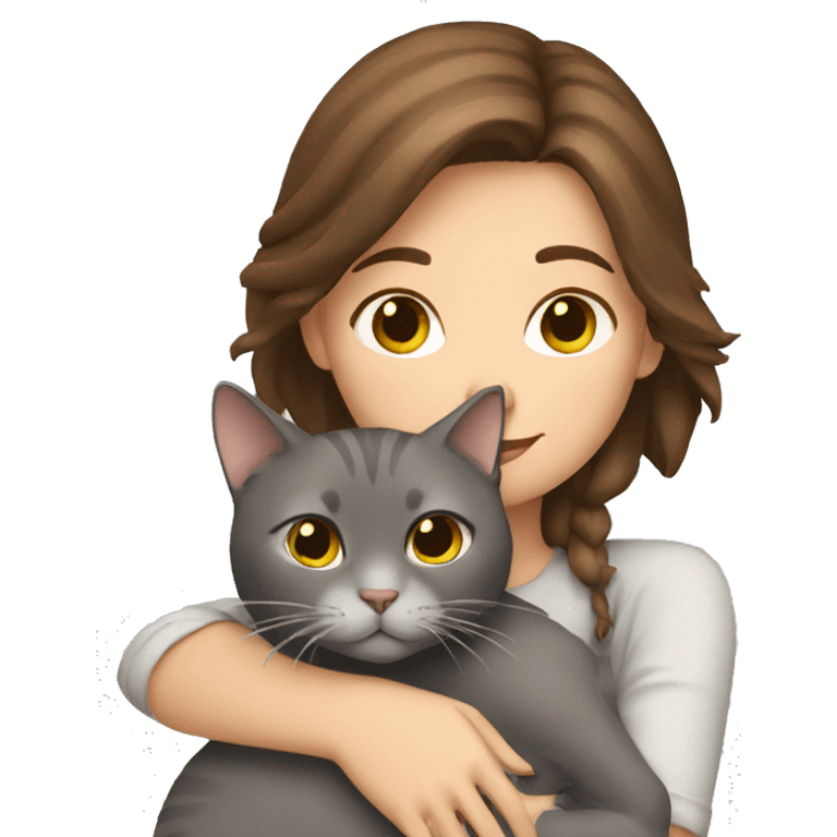 Brown hair Girl hugging grey cat emoji