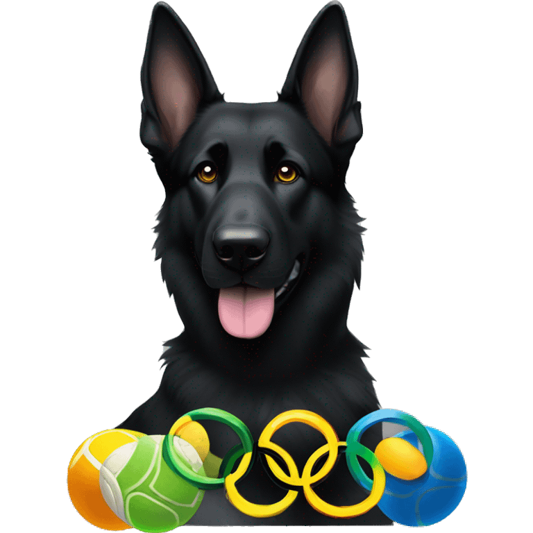 Black German shepherd with the 5 Olympic rings and tennis balls emoji