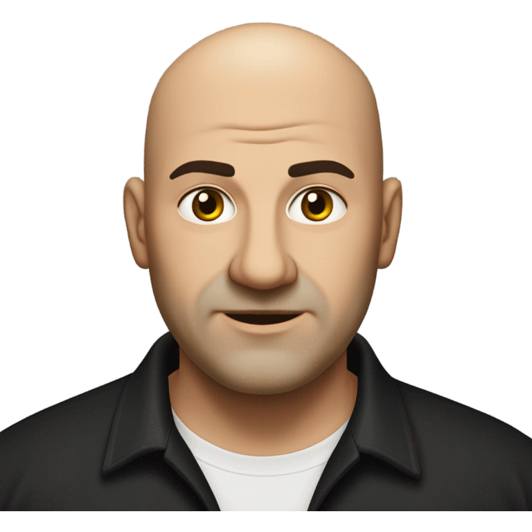 A slightly overweight middle-aged Italian man with olive-toned skin with bald hair and no facial hair. He is wearing a sleek black smart shirt, casually unbuttoned at the top. emoji