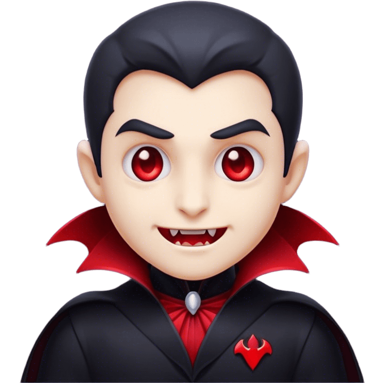 Cinematic Cute Vampire Portrait Emoji, with a refined yet playful small, rounded pale face accented by tiny, cute fangs and bright, twinkling eyes, sporting miniature elegant dark attire with a hint of crimson, simplified yet irresistibly charming, highly detailed with a soft glowing outline that captures the delightful duality of spooky sweetness and stylish allure! emoji