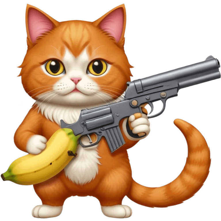 A persian red hair cat with a gun on the left hand and a banana on the right hand emoji