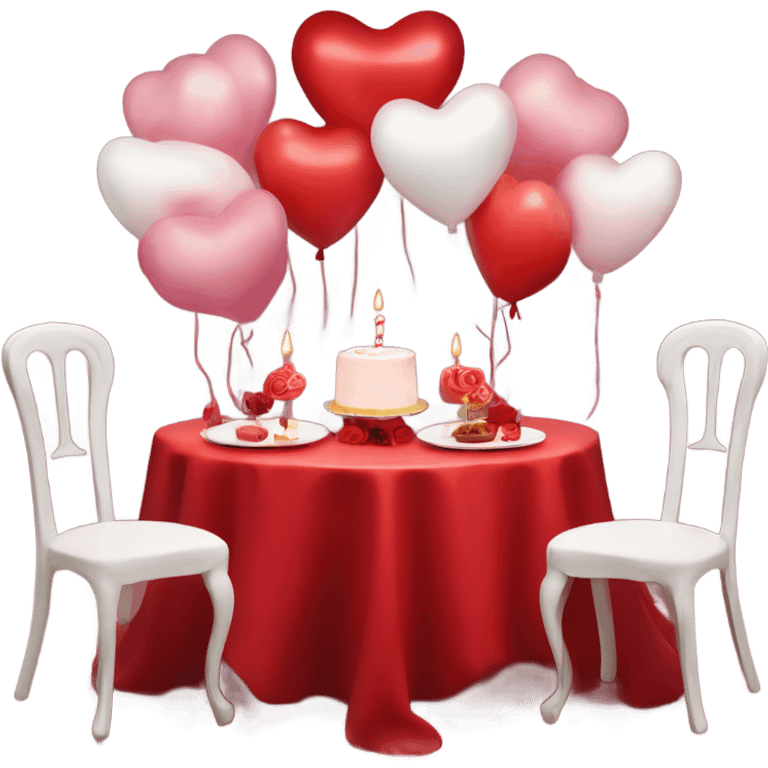 Red romantic party setting for two people and heart balloon  table with white cloth and candle with bows on the table and white Korean cake emoji