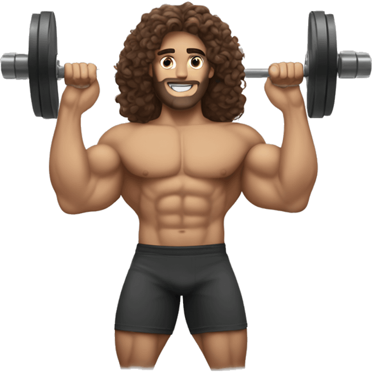 Muscular White guy with long curly brown hair doing a power lift emoji