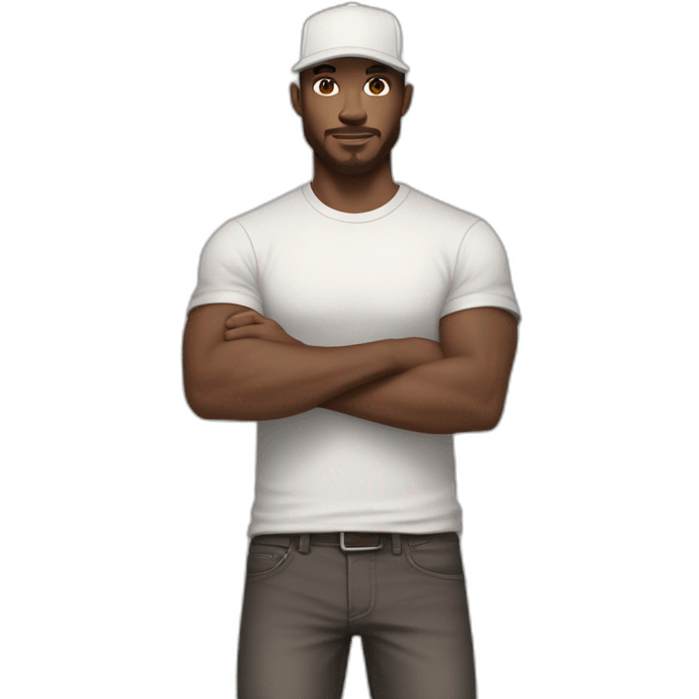 Pale skinned fit Man with dark brown hair in a light gray cap, dark brown jeans, brown polo and white T-shirt keeping a pasted with tape white box into his hands emoji