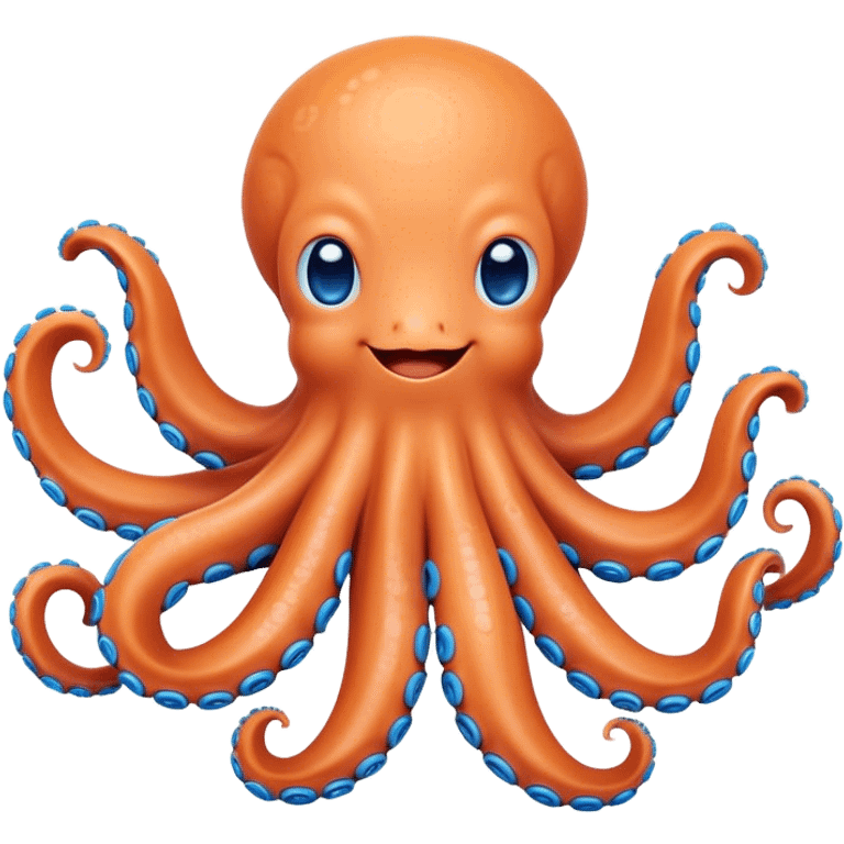 Cinematic Cute smiling Octopus Portrait Emoji, Head tilted playfully and inquisitively, featuring a rounded, light orange body embellished with playful blue rings, eight adorably curling arms, and big, twinkling eyes full of wonder, Simplified yet irresistibly adorable features, highly detailed, glowing with a warm, inviting underwater glow, high shine, affectionate and lively, stylized with a touch of whimsical cartoon charm, soft glowing outline, capturing the essence of a mischievous yet loving octopus that seems as if it could bob out of the screen into your arms! emoji