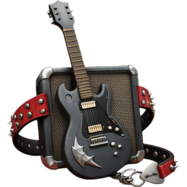 Create a powerful and dynamic humanless emoji representing rock vocals. The design should feature a classic vintage microphone with a rugged, distressed look, surrounded by elements like a guitar pick, electric guitar neck, and sound waves to reflect the raw energy of rock music. Add subtle details such as a spiked bracelet, leather textures, or bold lightning bolts to evoke the rebellious and intense spirit of rock. Use dark, edgy colors like black, red, silver, and metallic accents to emphasize the fierce, loud, and passionate nature of rock vocals. The background should be transparent. emoji