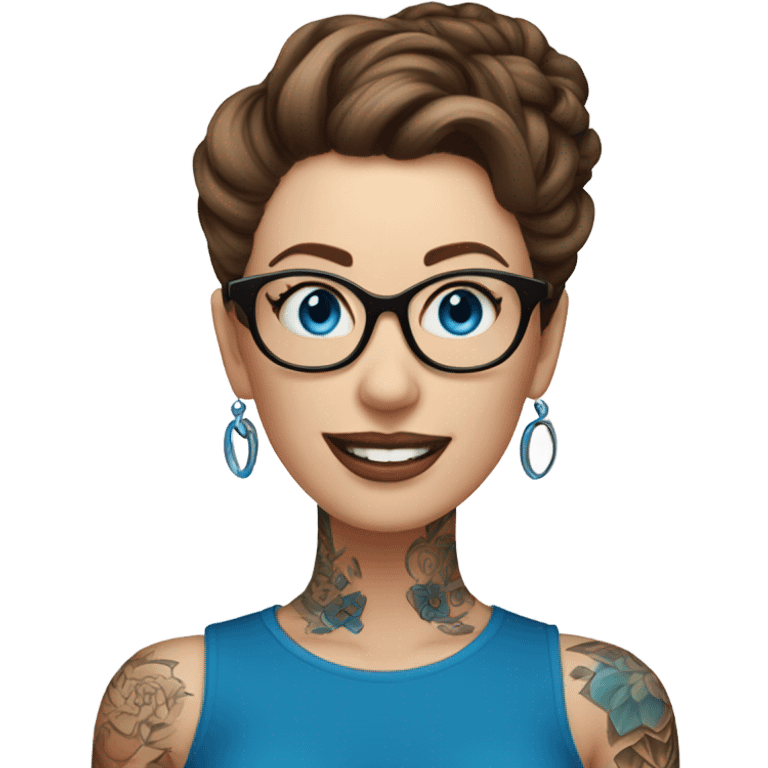 Hyper Realistic pale beautiful tattooed woman with brown updo glasses and blue eyes happy  emoji