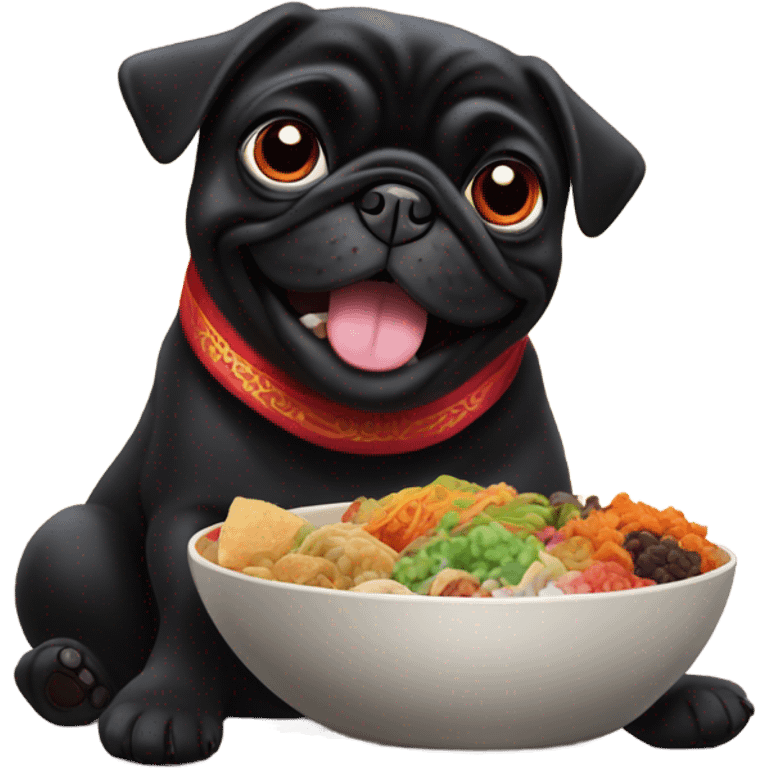 Black pug eating Chinese food emoji