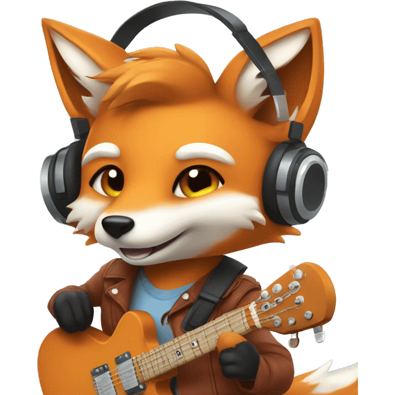 cute fox wearing headphones and playing an electric guitar emoji