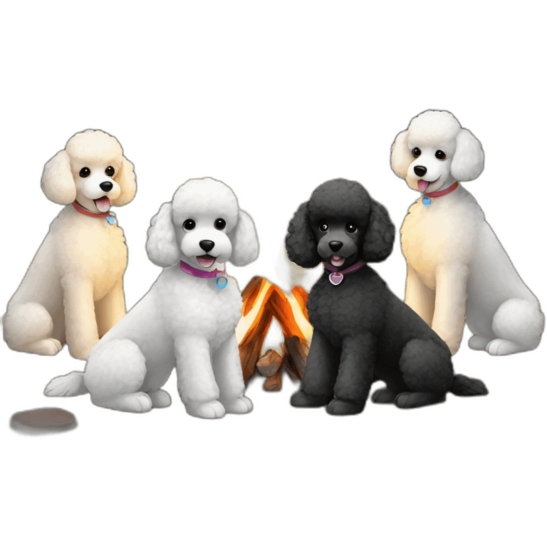 Black and white poodles gathered around campfires emoji