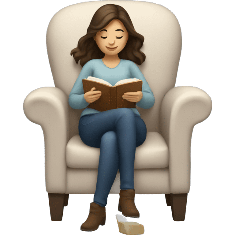 brunette white woman reading a book in a cozy chair emoji