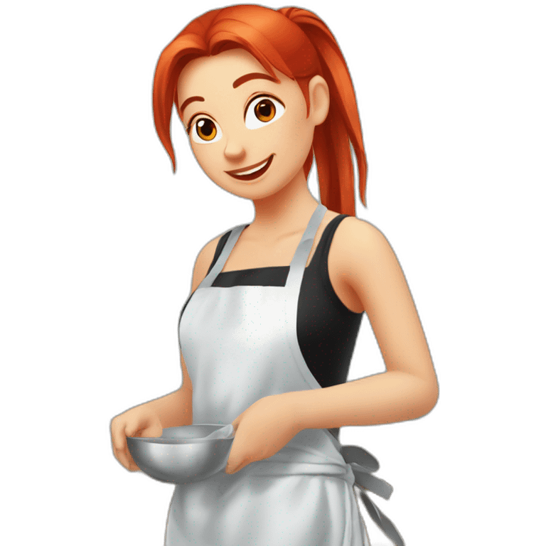 Slavic girl with red hair in a ponytail, white T-shirt and black apron, washes the mirror emoji