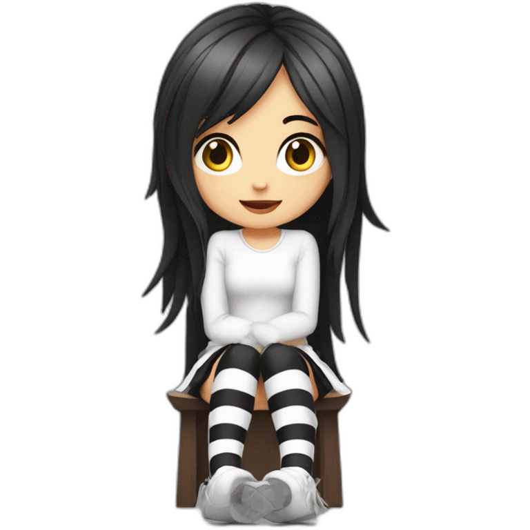 Frontal view curvy emo girl sits white skirt striped stockings hands up emoji