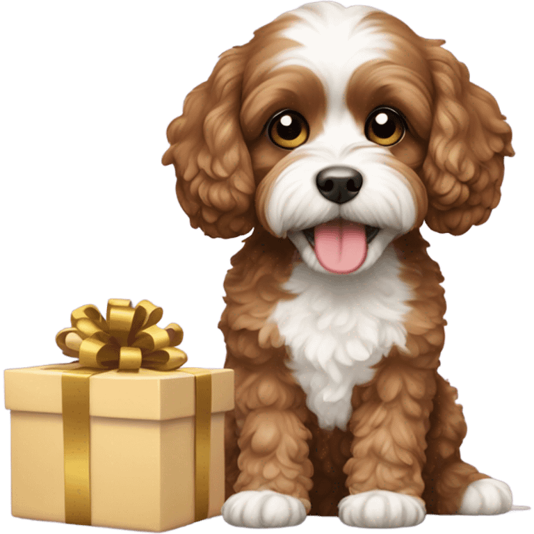 Brown and white cavapoo dog and gift box emoji