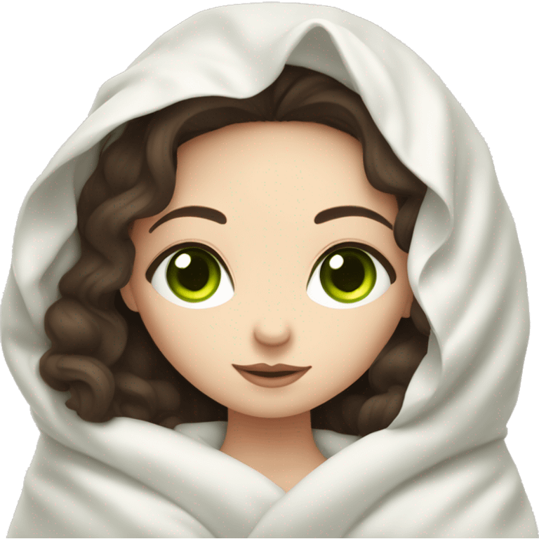 Pale Girl with dark brown hair  and green eyes laying down cozy in a white blanket emoji